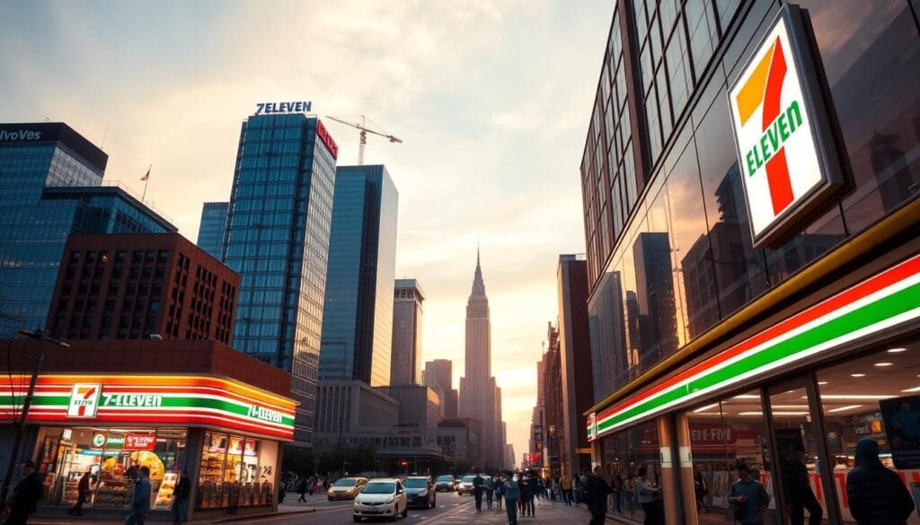 A bustling 7-Eleven convenience store, illuminated by warm fluorescent lighting, stands proudly in the foreground. The store's iconic red and green logo shines against the sleek glass facade, inviting passersby to explore its 24-hour offerings. In the middle ground, the store is surrounded by a vibrant urban landscape, with towering skyscrapers and bustling pedestrians capturing the energy of a modern city. The background features a serene sky, with wispy clouds and a soft, golden hue that suggests the passage of time and the evolution of this retail giant. The entire scene conveys a sense of convenience, innovation, and the ubiquitous presence of 7-Eleven, reflecting the history and growth of this iconic brand.