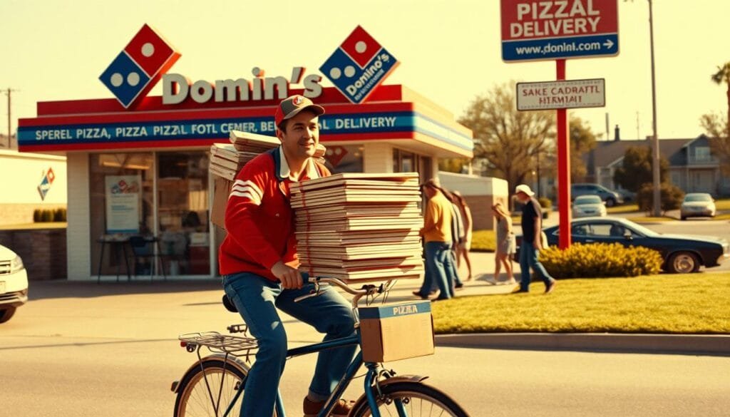 A bustling Domino's pizza delivery scene in the 1970s. In the foreground, a charismatic delivery driver, clad in the classic red and blue uniform, balances a stack of pizza boxes on his bike. The middle ground features the iconic Domino's storefront, with its bright red and blue signage, as customers flow in and out. In the background, the suburban American landscape unfolds, with neatly manicured lawns, parked cars, and a sense of post-war prosperity. The scene is bathed in warm, golden sunlight, conveying a nostalgic, feel-good atmosphere as the business model that revolutionized pizza delivery takes shape. Shot with a vintage lens, the image captures the essence of this pivotal moment in the history of Domino's and the evolution of the pizza industry.