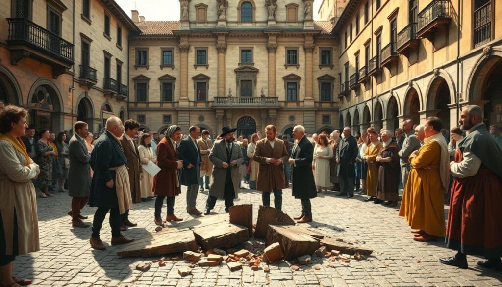 A bustling Italian town square in the 15th century, with a large, ornate stone building at the center, its facade adorned with intricate architectural details. In the foreground, a group of well-dressed men, presumably bankers, engaged in lively discussions, their gestures animated as they negotiate deals. The middle ground features a broken, splintered table, its fragments scattered on the cobblestones, symbolizing the "banca rotta" or "broken bank" that has occurred. In the background, a crowd of onlookers gathers, their expressions a mix of curiosity and concern, capturing the drama and significance of this financial event. The scene is bathed in warm, golden light, conveying a sense of historical importance and the weight of the moment.
