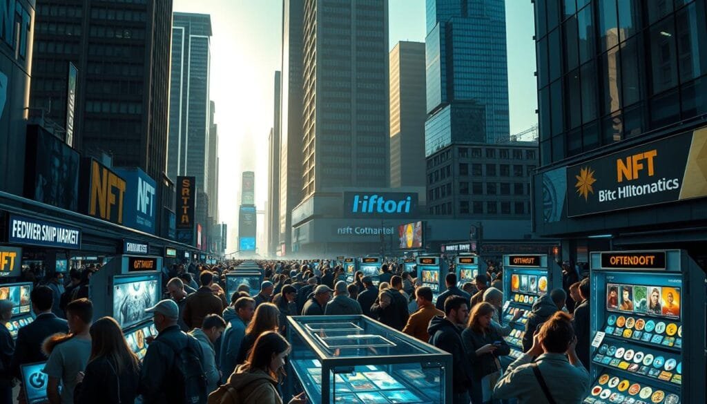 A bustling NFT marketplace in a modern city, with towering skyscrapers in the background casting long shadows. In the foreground, a crowd of buyers and sellers huddle around digital display stands, examining NFT artworks and trading tokens on their mobile devices. The atmosphere is one of cautious optimism, as the initial hype of the NFT craze has given way to a more measured assessment of their real-world value and utility. The lighting is a mix of neon signage and natural daylight, creating a sense of energy and purpose. The overall scene conveys the evolving nature of the NFT market, poised between its speculative past and its practical future.