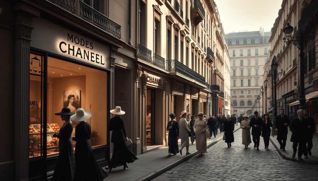A bustling Parisian street, Rue Cambon, in the early 20th century. In the foreground, a charming boutique with a delicate, hand-painted sign reading "Chanel Modes". Elegant ladies in flowing gowns and wide-brimmed hats enter and exit the shop, their movements captured in a soft, cinematic light. The middle ground reveals the stately façade of the building, its ornate architectural details casting long shadows across the cobblestones. In the background, the street stretches out, lined with wrought-iron lampposts and the distinctive Haussmannian architecture that defines the Parisian cityscape. An air of sophistication and timeless style permeates the scene, hinting at the burgeoning fashion empire that would soon rise from this modest beginnings. A bustling Parisian street, Rue Cambon, in the early 20th century. In the foreground, a charming boutique with a delicate, hand-painted sign reading "Chanel Modes". Elegant ladies in flowing gowns and wide-brimmed hats enter and exit the shop, their movements captured in a soft, cinematic light. The middle ground reveals the stately façade of the building, its ornate architectural details casting long shadows across the cobblestones. In the background, the street stretches out, lined with wrought-iron lampposts and the distinctive Haussmannian architecture that defines the Parisian cityscape. An air of sophistication and timeless style permeates the scene, hinting at the burgeoning fashion empire that would soon rise from this modest beginnings.