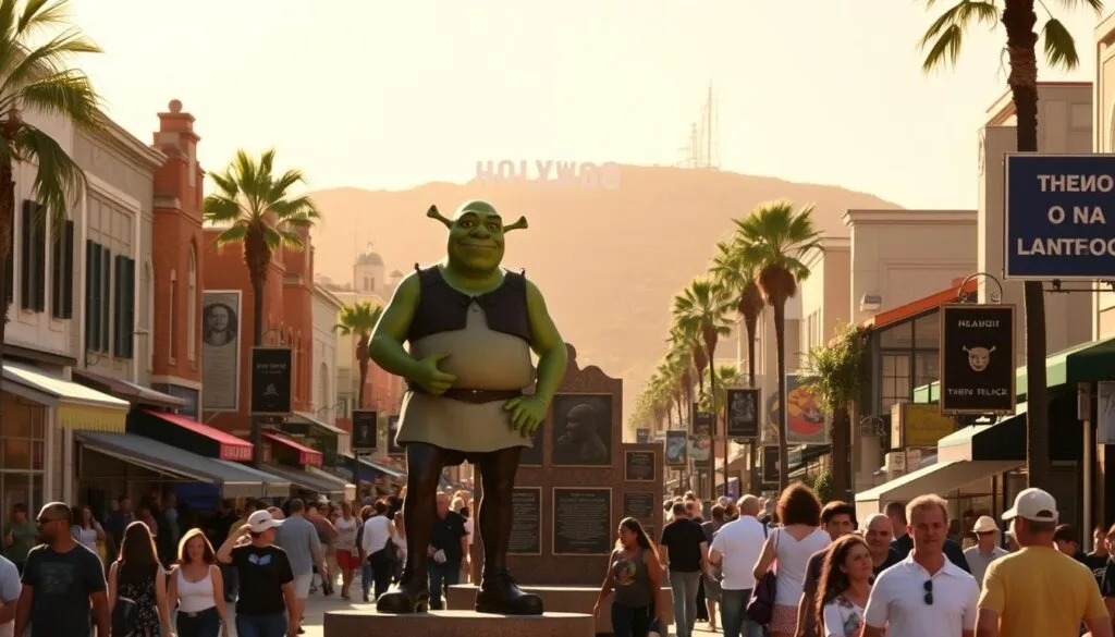 A bustling Paseo de la Fama in June 2010, showcasing the cultural significance of the "Shrek" name. The sun casts a warm, golden glow over the lively street, filled with pedestrians and vendors. In the foreground, a bronze statue of the iconic green ogre stands tall, capturing the character's playful yet enigmatic essence. The middle ground features a series of plaques and monuments, highlighting the various artistic and entertainment references to "Shrek" throughout popular culture. In the background, the iconic Hollywood sign looms, serving as a symbolic backdrop to the recognition and cultural impact of this beloved character. A bustling Paseo de la Fama in June 2010, showcasing the cultural significance of the "Shrek" name. The sun casts a warm, golden glow over the lively street, filled with pedestrians and vendors. In the foreground, a bronze statue of the iconic green ogre stands tall, capturing the character's playful yet enigmatic essence. The middle ground features a series of plaques and monuments, highlighting the various artistic and entertainment references to "Shrek" throughout popular culture. In the background, the iconic Hollywood sign looms, serving as a symbolic backdrop to the recognition and cultural impact of this beloved character.