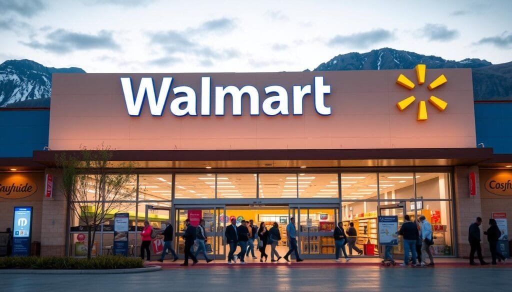 A bustling Walmart superstore in Chile, its exterior facade showcasing the iconic Walmart signage and architecture against a backdrop of the Andes mountains. The store is set in a modern, well-manicured plaza, with customers entering through the automatic sliding doors. The lighting is a warm, natural glow, casting an inviting atmosphere. The scene captures the integration of the global retail giant into the local Chilean landscape, reflecting the transformation of the once small Lider supermarket chain.