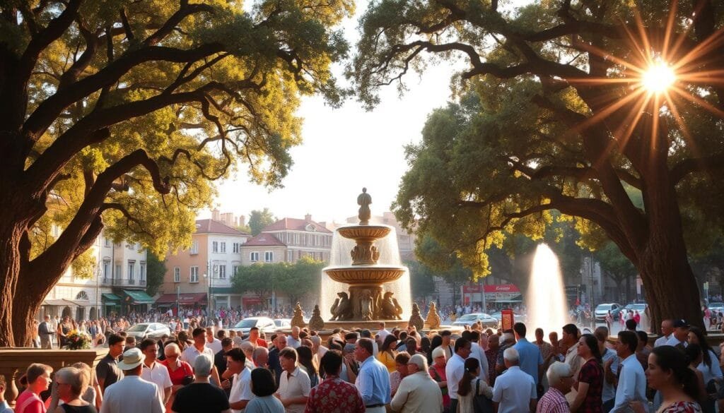 A bustling city square, illuminated by warm, golden sunlight filtering through the branches of towering oak trees. In the foreground, a diverse crowd of people engaged in lively conversation, their body language and gestures conveying a sense of cultural exchange and shared understanding. The middle ground reveals a mix of traditional and modern architecture, reflecting the blending of old and new traditions. In the background, a grand, ornate fountain stands as a symbol of the community's heritage, its cascading waters creating a soothing, ambient soundtrack. The overall scene exudes a feeling of cultural vitality and the harmonious coexistence of distinct societal norms.