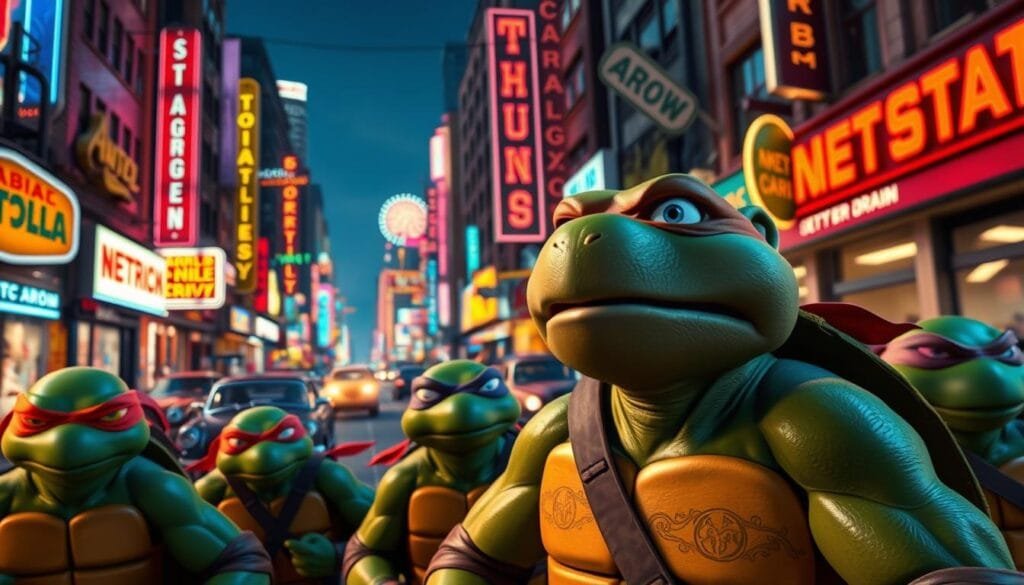 A bustling city street in the late 1980s, with neon signs, vintage cars, and a group of mutant ninja turtles engaged in a battle against their arch-nemesis, the sinister alien brain Krang. In the foreground, the mutant rat Splinter, formerly known as Yoshi, guides the turtles with a wise and determined expression, while in the background, a glowing canister of mutagen oozes, the source of their incredible powers. The scene is bathed in a warm, cinematic lighting, capturing the vibrant, retro-futuristic atmosphere of the iconic animated series.