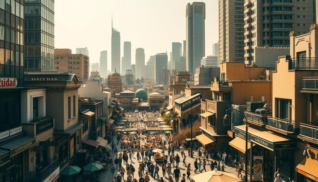 A bustling cityscape of "ciudad", a vibrant metropolitan hub nestled amidst towering skyscrapers and historic architecture. In the foreground, pedestrians navigate bustling streets lined with eclectic shops and cafes, their movements reflecting the energetic pulse of urban life. The middle ground reveals a network of intricate alleyways and courtyards, hinting at the hidden pockets of diversity and community that thrive within the city. The background is dominated by a skyline of sleek, modern high-rises, their reflective facades mirroring the ever-evolving nature of the urban landscape. Warm, golden light filters through the scene, casting a dreamlike glow and evoking a sense of possibility and potential. The overall composition conveys a sense of ciudad as a heterotopic space, a tapestry of intersecting narratives and imaginings that shape the future of the city.