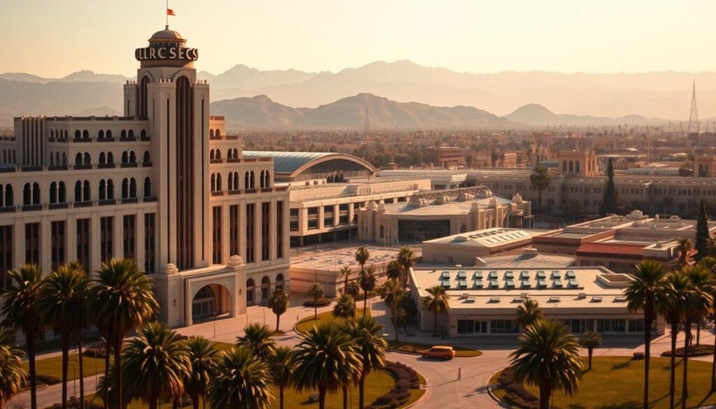 A bustling film studio campus in Burbank, California, circa 1950s. In the foreground, a grand Art Deco-style administration building with towering columns and intricate architectural details. Manicured lawns and palm trees frame the scene, creating a sense of Hollywood glamour. In the middle ground, soundstages and production facilities, their roofs dotted with skylights, hinting at the creative magic unfolding within. In the background, the silhouettes of the nearby San Gabriel Mountains, a dramatic natural backdrop to this new era of Disney animation and live-action filmmaking. Warm, golden lighting bathes the entire scene, conveying a sense of optimism and artistic ambition. A bustling film studio campus in Burbank, California, circa 1950s. In the foreground, a grand Art Deco-style administration building with towering columns and intricate architectural details. Manicured lawns and palm trees frame the scene, creating a sense of Hollywood glamour. In the middle ground, soundstages and production facilities, their roofs dotted with skylights, hinting at the creative magic unfolding within. In the background, the silhouettes of the nearby San Gabriel Mountains, a dramatic natural backdrop to this new era of Disney animation and live-action filmmaking. Warm, golden lighting bathes the entire scene, conveying a sense of optimism and artistic ambition.
