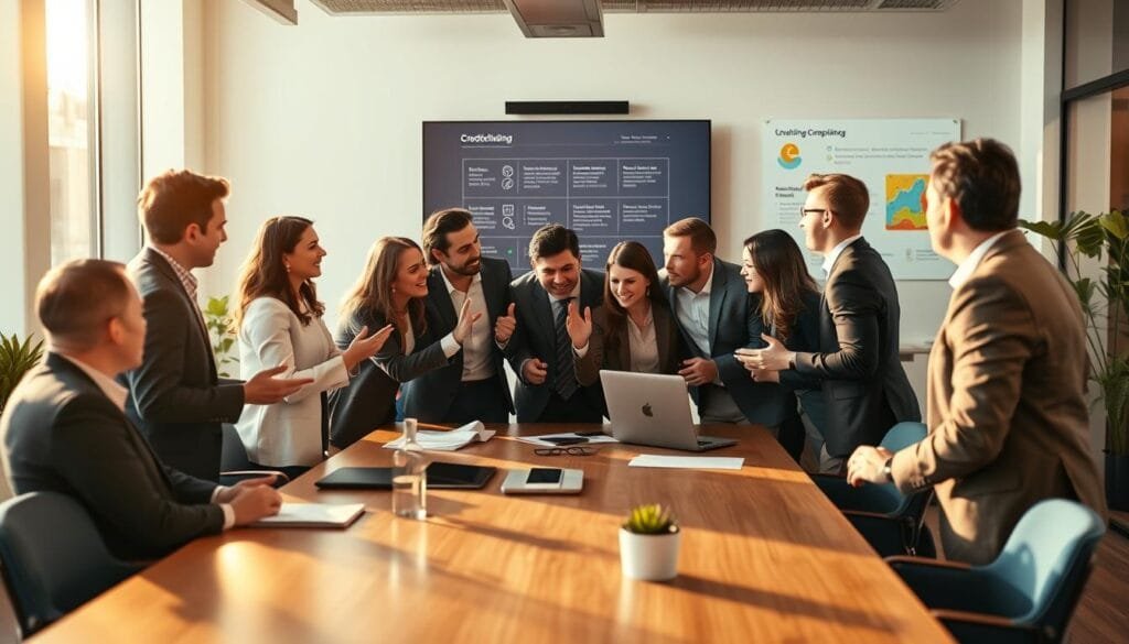 A bustling office scene, with a team of professionals gathered around a conference table, engaged in a lively discussion. Warm, natural lighting illuminates the space, creating a collaborative and productive atmosphere. The team members, dressed in smart business attire, are leaning forward, gesturing animatedly as they plan and strategize the launch of a crowdfunding campaign. In the background, a large monitor displays a presentation, outlining key elements of the campaign. Sleek, modern office furniture and decor complement the scene, conveying a sense of professionalism and innovation. The overall composition captures the energy and determination of a group dedicated to bringing a successful crowdfunding initiative to life.