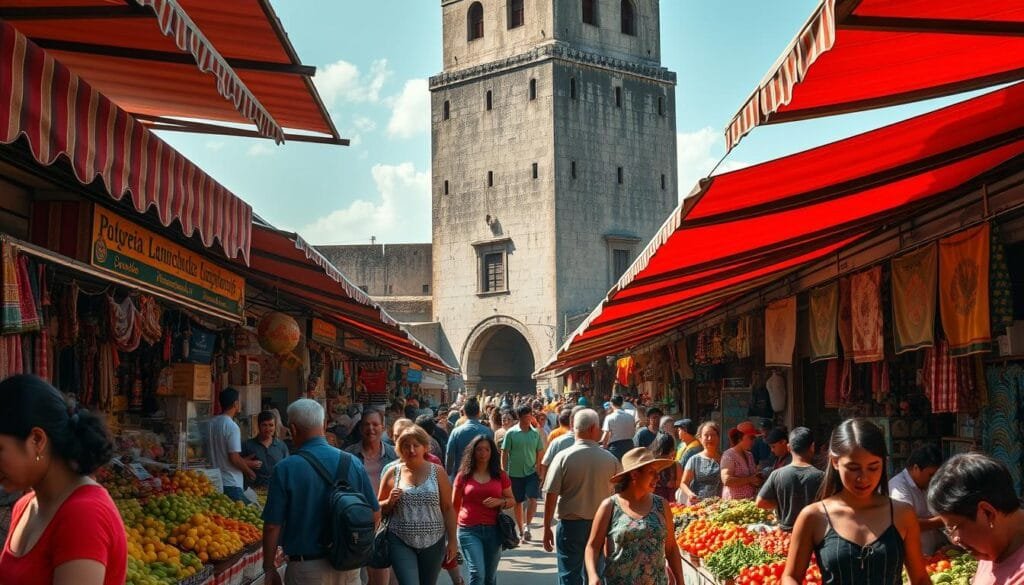 A bustling open-air mercado, sunlight filtering through vibrant awnings casting warm hues on the crowded stalls. Vendors hawk their wares - gleaming produce, vibrant textiles, and handcrafted trinkets. Shoppers navigate the lively maze, faces animated with the thrill of discovery and the urgent need to secure the best deals before supplies are gone. The air buzzes with the cacophony of haggling, laughter, and the alluring scents of spices and street food. At the center, a towering structure casts an imposing shadow, its weathered walls a testament to the market's enduring history. This dynamic scene captures the frenzied energy of a marketplace where fortunes can be made or lost in the blink of an eye.