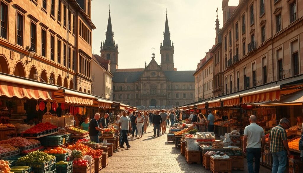 A bustling outdoor mercado in the heart of an old German city, with towering medieval architecture casting long shadows over the vibrant market stalls below. Crates of fresh produce, local crafts, and sizzling food carts fill the foreground, creating a lively atmosphere. In the middle ground, shoppers and vendors haggle and exchange goods, their animated gestures and lively chatter bringing the scene to life. The background is dominated by the imposing silhouettes of historic churches and town halls, a reminder of the city's deep roots and the enduring traditions that shape its cultural identity. Warm, golden sunlight filters through the scene, imbuing the mercado with a sense of timelessness and nostalgia. The lighting is soft and natural, casting long shadows and highlighting the textural details of the architecture and wares on display. The overall mood is one of vibrant, thriving commerce and a celebration of local culture, reflecting the importance of this mercado as a hub of the community.