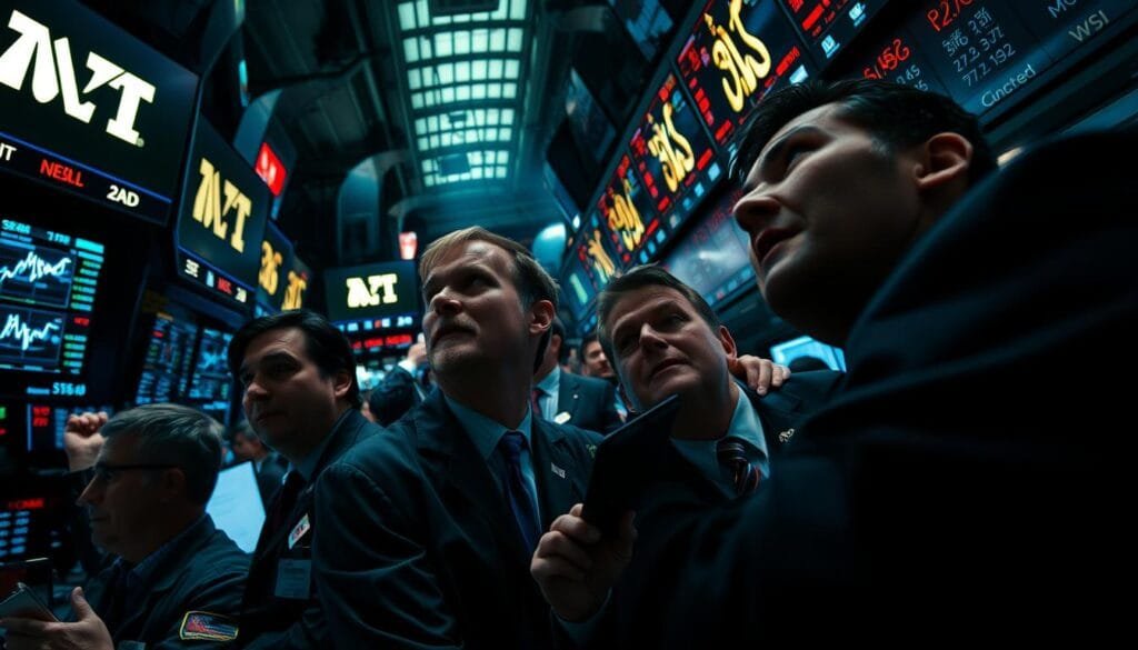 A bustling stock exchange floor, with traders engrossed in the frenetic energy of the market. Emotions run high, as fear, greed, and euphoria are etched on their faces, mirroring the volatile swings of the ticker tape. The lighting is dramatic, casting intense shadows that accentuate the tension in the air. The camera angle is low, capturing the sense of immersion and the towering presence of the trading desks. The overall atmosphere is one of intense, high-stakes decision-making, where the fear of missing out drives reckless behavior. The scene is a vivid representation of the psychological factors that influence financial decision-making in the dynamic, fast-paced world of the markets.