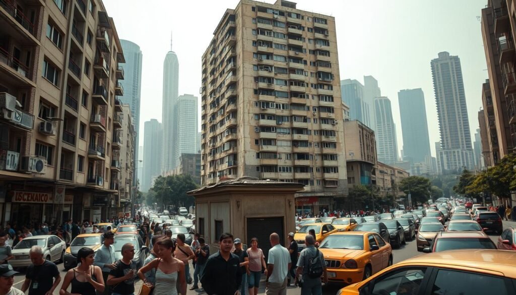 A bustling street in Mexico City's downtown, with crumbling apartment buildings, overcrowded sidewalks, and a sea of parked cars. In the foreground, a group of people stand outside a small, dingy building, gesticulating animatedly, their faces etched with frustration. The middle ground is dominated by a towering apartment complex, its facade marred by peeling paint and cracked windows, a testament to the city's housing crisis. In the background, the silhouettes of skyscrapers loom, a stark contrast to the dilapidated structures in the immediate vicinity. The scene is bathed in a warm, hazy light, adding to the sense of unease and the challenges facing the city's residents.