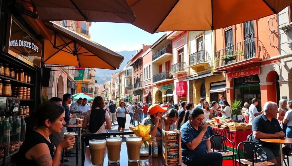 A bustling street scene in a vibrant Mexican neighborhood, with a cozy café at the center. The sunlight filters through the outdoor umbrellas, casting a warm glow over the colorful displays of freshly brewed coffee, tempting pastries, and an array of snacks. In the foreground, a group of locals and tourists alike sip their latte macchiatos, indulging in the daily ritual. The middle ground showcases a variety of indulgent "gustitos" - small treats and impulse purchases that beckon passersby. In the background, the vibrant city life unfolds, with buildings adorned in traditional Mexican architecture. The atmosphere is one of relaxation, indulgence, and the ever-present temptation of the latte factor.
