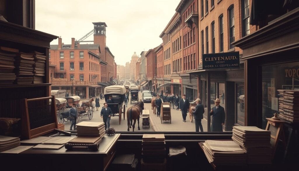 A bustling urban scene in 19th century Cleveland, Ohio. In the foreground, a small accounting office with a large desk, abacus, and stacks of ledgers. Through the window, a view of a grain elevator and horse-drawn wagons loading sacks of wheat. In the middle ground, a busy street lined with storefronts, horse-drawn carriages, and pedestrians hurrying about their business. The buildings have a warm, earthy tone, lit by soft natural light filtering through the overcast sky. An atmosphere of industrious activity and the beginnings of entrepreneurial spirit, setting the stage for a young John D. Rockefeller's first steps towards building his fortune.