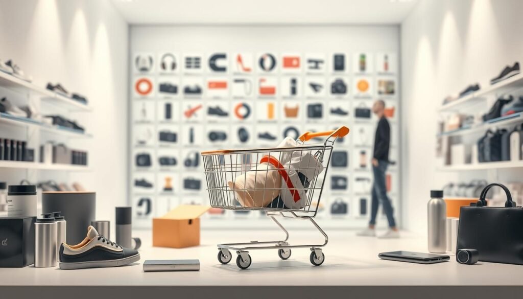 A captivating ecommerce scene set in a modern, minimalist online storefront. The foreground features a variety of high-quality consumer products displayed against a clean, white backdrop, showcasing their sleek design and alluring appeal. The middle ground depicts a virtual shopping cart, its contents tempting the viewer to indulge. In the background, a stylized grid of product thumbnails suggests the vast selection available, creating a sense of abundance and choice. Soft, diffused lighting casts a warm, inviting glow, while the overall composition conveys a sense of effortless convenience and the thrill of online shopping. A captivating ecommerce scene set in a modern, minimalist online storefront. The foreground features a variety of high-quality consumer products displayed against a clean, white backdrop, showcasing their sleek design and alluring appeal. The middle ground depicts a virtual shopping cart, its contents tempting the viewer to indulge. In the background, a stylized grid of product thumbnails suggests the vast selection available, creating a sense of abundance and choice. Soft, diffused lighting casts a warm, inviting glow, while the overall composition conveys a sense of effortless convenience and the thrill of online shopping.