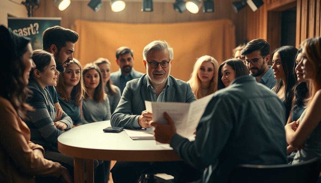 A cinematic scene set in a professional casting studio, with a group of actors gathered around a central table. Warm, natural lighting illuminates the space, creating a palpable atmosphere of anticipation and creativity. In the foreground, a middle-aged actor with a kind, expressive face sits at the table, gesturing animatedly as he reads from a script. Surrounding him, a diverse ensemble of aspiring performers listens intently, their faces filled with hope and determination. The background is softly blurred, drawing the viewer's focus to the central casting session, a pivotal moment in the journey to voicing an iconic character. A cinematic scene set in a professional casting studio, with a group of actors gathered around a central table. Warm, natural lighting illuminates the space, creating a palpable atmosphere of anticipation and creativity. In the foreground, a middle-aged actor with a kind, expressive face sits at the table, gesturing animatedly as he reads from a script. Surrounding him, a diverse ensemble of aspiring performers listens intently, their faces filled with hope and determination. The background is softly blurred, drawing the viewer's focus to the central casting session, a pivotal moment in the journey to voicing an iconic character.