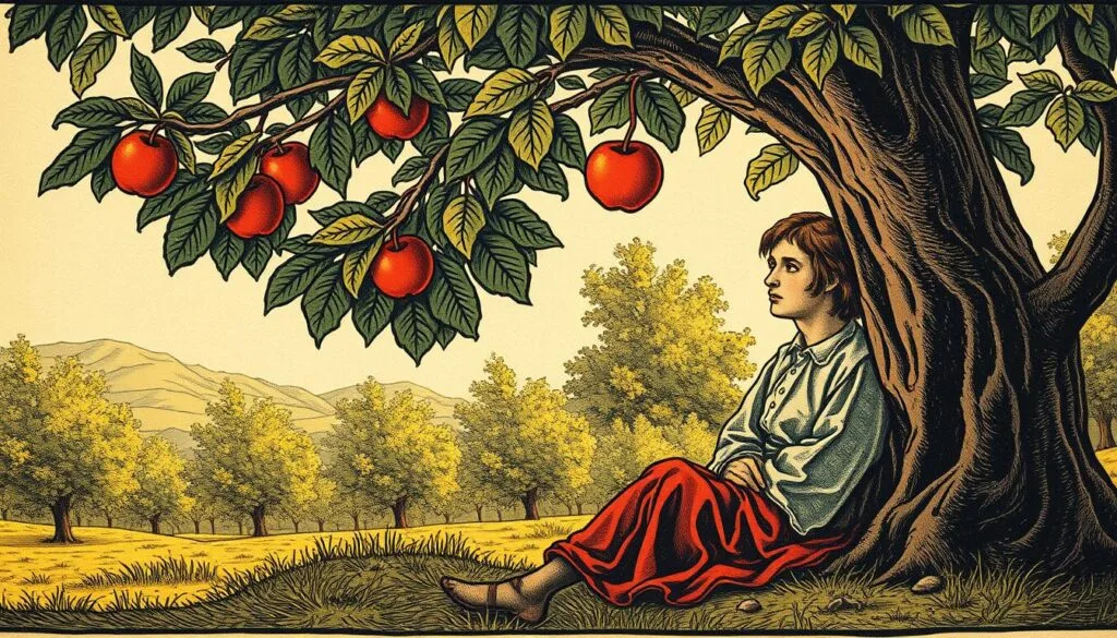 A classical 17th century woodcut illustration depicting a young Isaac Newton sitting under a lush, verdant apple tree in a tranquil, sunlit orchard. The composition features Newton contemplatively gazing at a ripe, red apple suspended from a branch above him. The scene is rendered with intricate, detailed strokes and a muted, earthy color palette. Dramatic lighting casts warm, golden tones across the scene, creating a sense of timelessness and old-world charm. The overall atmosphere evokes a reflective, scholarly mood, fitting the historical significance of the subject matter. A classical 17th century woodcut illustration depicting a young Isaac Newton sitting under a lush, verdant apple tree in a tranquil, sunlit orchard. The composition features Newton contemplatively gazing at a ripe, red apple suspended from a branch above him. The scene is rendered with intricate, detailed strokes and a muted, earthy color palette. Dramatic lighting casts warm, golden tones across the scene, creating a sense of timelessness and old-world charm. The overall atmosphere evokes a reflective, scholarly mood, fitting the historical significance of the subject matter.