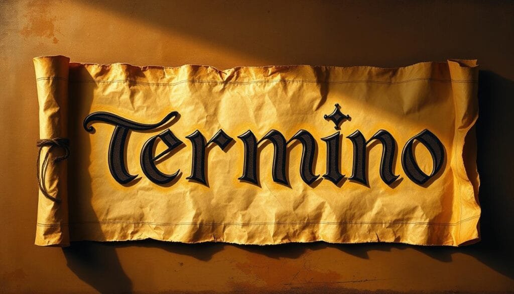 A classical-style oil painting of the word "término" (Spanish for "term" or "limit") on a weathered parchment scroll. The scroll is illuminated with warm golden light, casting subtle shadows across the antique paper texture. The lettering is ornate and calligraphic, with intricate flourishes, conveying a sense of history and tradition. The background is a muted, earthy palette, emphasizing the aged, scholarly nature of the subject. The composition is balanced and symmetrical, evoking a sense of timelessness and authority. The overall mood is one of academic contemplation and the enduring power of language. A classical-style oil painting of the word "término" (Spanish for "term" or "limit") on a weathered parchment scroll. The scroll is illuminated with warm golden light, casting subtle shadows across the antique paper texture. The lettering is ornate and calligraphic, with intricate flourishes, conveying a sense of history and tradition. The background is a muted, earthy palette, emphasizing the aged, scholarly nature of the subject. The composition is balanced and symmetrical, evoking a sense of timelessness and authority. The overall mood is one of academic contemplation and the enduring power of language.