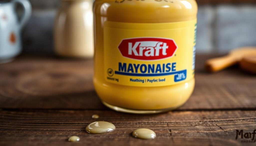 A close-up, highly detailed shot of a jar of Kraft mayonnaise on a rustic wooden surface. The jar has a golden yellow creamy texture, with a subtle sheen reflecting the warm lighting. The Kraft logo is prominently displayed, its vibrant red and blue colors standing out. In the foreground, small droplets of mayonnaise speckle the wooden surface, capturing the smooth, velvety consistency of the product. The background is softly blurred, hinting at a kitchen setting with muted colors and textures to emphasize the focus on the mayonnaise jar. The overall mood is one of high-quality, artisanal food photography, showcasing the unique characteristics of this locally produced Kraft mayonnaise.