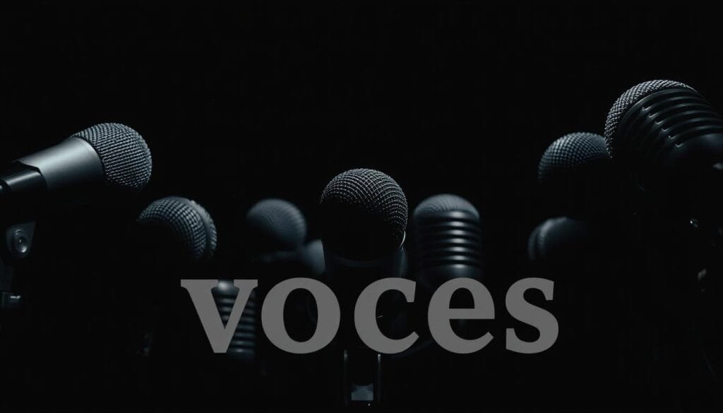 A close-up of microphones against a dark background, casting dramatic shadows. The mics are positioned in a grid pattern, suggesting a recording studio or sound stage. The lighting is moody and atmospheric, creating a sense of anticipation and the importance of the spoken word. The mics are rendered in shades of gray and silver, with intricate details and textures that convey their professional quality. The overall composition is balanced and visually striking, drawing the viewer's attention to the central elements and evoking the theme of "voces" (voices) in a captivating and artistic manner. A close-up of microphones against a dark background, casting dramatic shadows. The mics are positioned in a grid pattern, suggesting a recording studio or sound stage. The lighting is moody and atmospheric, creating a sense of anticipation and the importance of the spoken word. The mics are rendered in shades of gray and silver, with intricate details and textures that convey their professional quality. The overall composition is balanced and visually striking, drawing the viewer's attention to the central elements and evoking the theme of "voces" (voices) in a captivating and artistic manner.