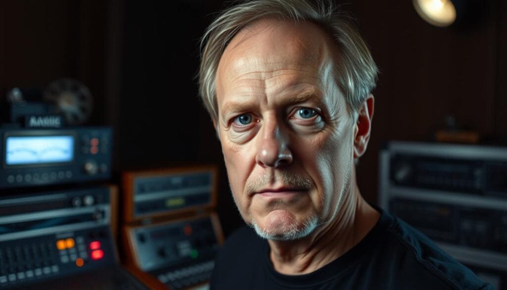 A close-up portrait of Ben Burtt, the renowned sound designer who created the iconic lightsaber hum for the Star Wars franchise. Burtt stands in a dimly lit studio, his face illuminated by the soft glow of vintage audio equipment. His expression is focused, reflecting the meticulous attention to detail that defined his craft. In the background, the faint outlines of analog synthesizers and tape machines suggest the analog origins of the legendary sound. The image conveys a sense of reverence for the artistry and craftsmanship behind the creation of one of cinema's most recognizable audio signatures.