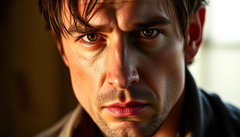A close-up portrait of British actor Stuart Townsend, his chiseled features and piercing gaze conveying a sense of brooding intensity. Warm studio lighting accentuates the planes of his face, casting subtle shadows that add depth and dimension. Townsend's expression is contemplative, hinting at the complex emotional journey he experienced after losing the coveted role of Aragorn in The Lord of the Rings. The background is softly blurred, keeping the focus squarely on the actor and the introspective mood he projects. This striking image captures the essence of Townsend's career in the wake of his near-miss with cinematic stardom.