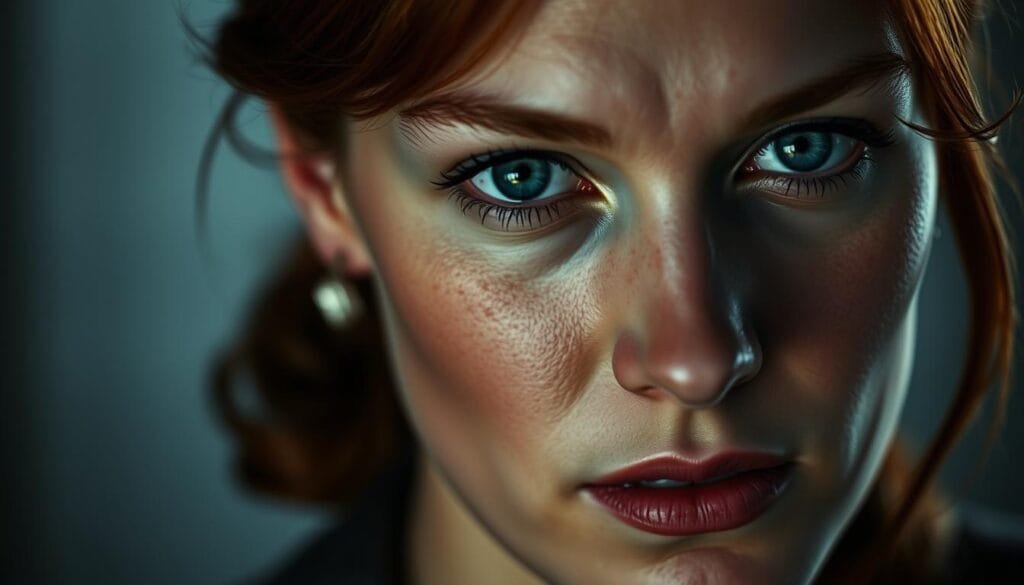 A close-up portrait of Kate Winslet, the acclaimed British actress who starred alongside Leonardo DiCaprio in the epic film "Titanic". Winslet's captivating gaze is the focal point, her piercing blue eyes conveying a mix of vulnerability and strength. Dramatic lighting casts dramatic shadows, highlighting the refined contours of her face and the delicate wisp of her auburn hair. The background is softly blurred, drawing the viewer's attention to Winslet's expressive features and the intensity of her performance. The overall mood is pensive and contemplative, reflecting the emotional depth that Winslet brought to her iconic role in one of cinema's most beloved love stories.