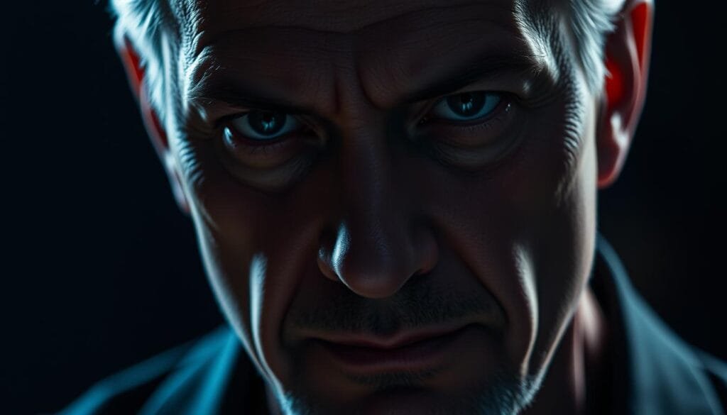 A close-up portrait of Ricardo Brust, the acclaimed voice actor known for voicing the iconic anime character Cell. Brust's face is illuminated with dramatic lighting, highlighting his intense, focused expression. The background is blurred, keeping the attention solely on Brust's captivating presence. The image captures the essence of Brust's versatile vocal talents, conveying the depth and power he brings to his roles. The composition and lighting evoke a sense of cinematic drama, befitting Brust's renowned status in the world of voice acting.