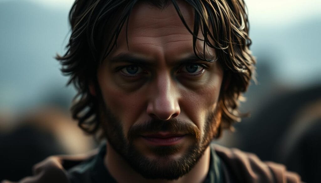 A close-up portrait of Stuart Townsend, the actor who was originally cast as Aragorn in the Lord of the Rings film trilogy. Townsend has a thoughtful, slightly melancholic expression on his face, his dark hair and beard framing his features. The lighting is moody and dramatic, with shadows and highlights accentuating the planes of his face. The background is softly blurred, keeping the focus solely on Townsend's captivating gaze. The overall mood is one of introspection and quiet contemplation, hinting at the story behind his unexpected dismissal from the role.
