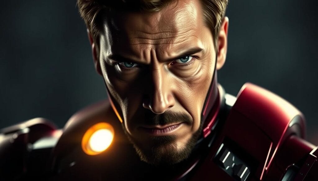 A close-up portrait of Tony Stark, the brilliant inventor and billionaire playboy, wearing his iconic Iron Man suit. The background is dark and moody, with a glowing arc reactor in the center of his chest casting a warm, amber-toned light across his face. His expression is one of determination, his brow furrowed as he gazes intensely forward, the weight of the world on his shoulders. The lighting is dramatic, creating deep shadows and highlights that accentuate the rugged features of his face. The shot is framed tightly, capturing the intensity and gravity of the moment, just before he makes the ultimate sacrifice to save the universe.