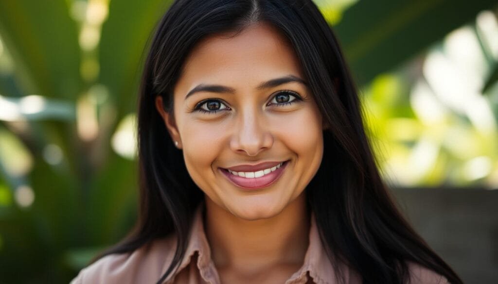 A close-up portrait of Yolanda Fernández Cofiño, a young Guatemalan woman with dark hair and warm, friendly eyes. She is wearing a simple blouse and stands against a blurred background of vibrant greenery, suggesting a lush, tropical setting. The lighting is soft and natural, creating a gentle, contemplative mood. Her expression conveys a sense of intelligence and determination, hinting at the important role she played in the creation of the iconic McDonald's Happy Meal. The composition is balanced and focused, drawing the viewer's attention to her face and upper body, capturing the essence of this pioneering individual.