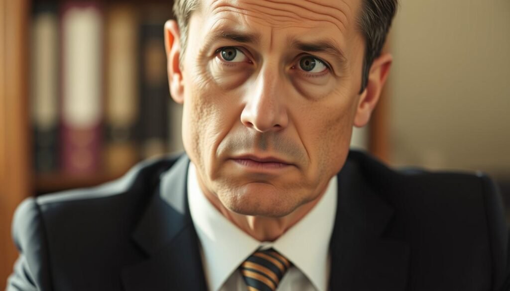 A close-up portrait of a man in a suit and tie, sitting at a desk with a pensive expression. The lighting is soft and natural, creating a warm and contemplative atmosphere. The background is slightly blurred, with a hint of a bookshelf or office setting. The man's gaze is directed off-camera, conveying a sense of deep thought and introspection. The composition emphasizes the man's face and upper body, drawing the viewer's attention to the emotions and nuances of his expression.