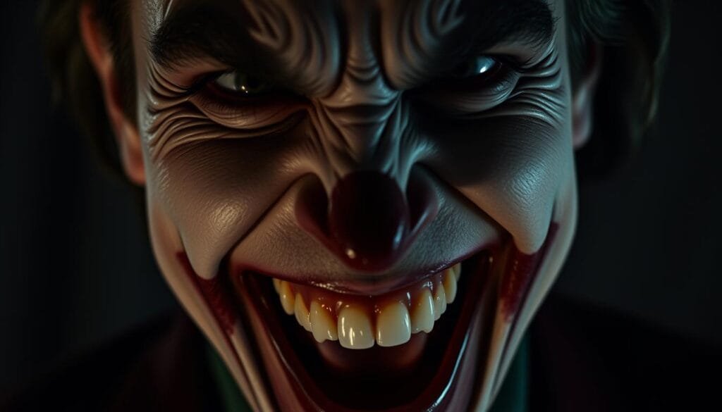 A close-up portrait of a person experiencing epilepsia gelástica, a rare condition characterized by uncontrollable laughter. The subject's face is contorted in a wide, maniacal grin, eyes wild and intense. The lighting is dramatic, casting deep shadows that accentuate the anguish and mania of the expression. The background is blurred, putting the focus entirely on the face and its unsettling, almost demonic laughter. The image conveys a sense of psychological distress and the loss of control over one's own body, mirroring the Joker's infamous laughter in the referenced film scene.
