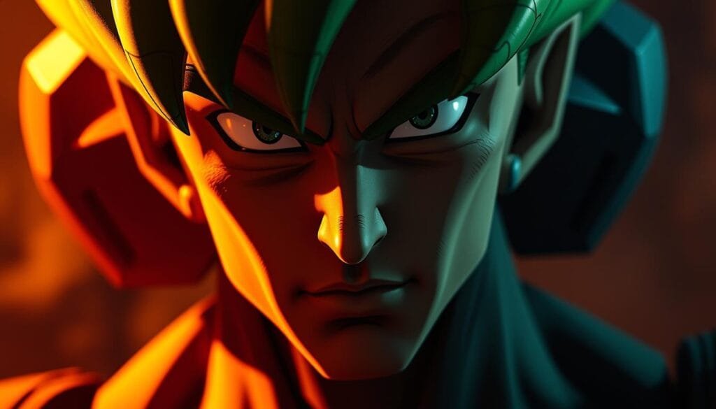 A close-up portrait of the Japanese voice actor of Cell from Dragon Ball, depicted in a warm, dramatic lighting. The actor's face is centered, with a thoughtful, introspective expression. The background is subtly blurred, placing the focus on the subject's detailed facial features and the texture of their skin. The lighting casts dramatic shadows, creating a sense of depth and intensity. The overall mood is one of contemplation and a nod to the character's iconic voice.
