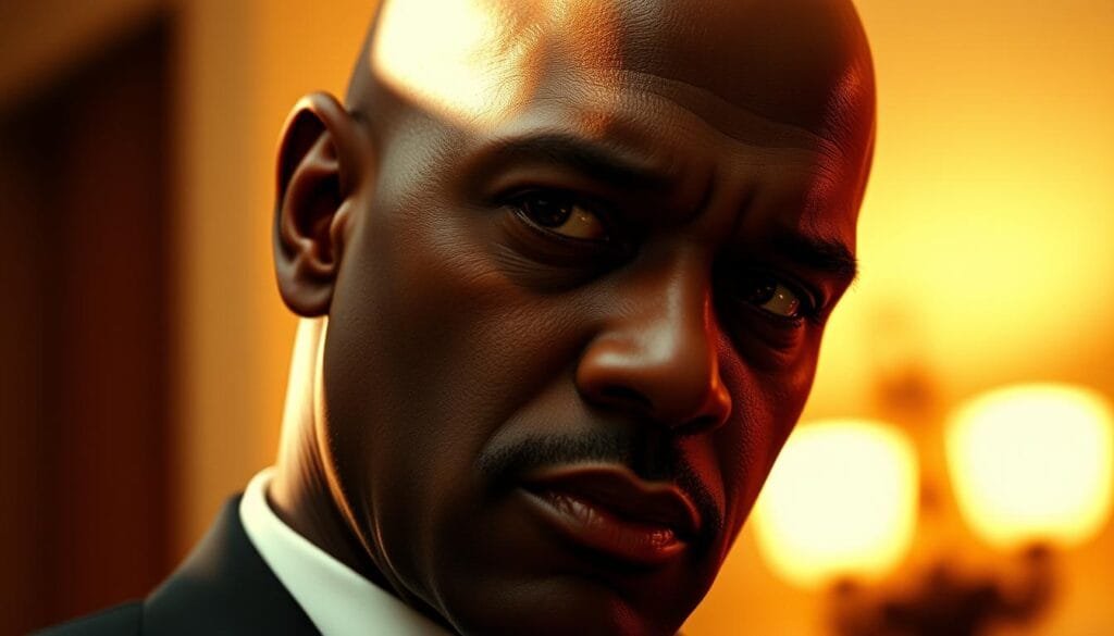 A close-up shot of the iconic Marsellus Wallace character from the movie Pulp Fiction, with a serene and introspective expression. The camera angle is slightly low, emphasizing the powerful presence of the character. Soft, warm lighting illuminates the side of his bald head, casting dramatic shadows that accentuate his chiseled features. The background is blurred, keeping the focus on the intense gaze and thoughtful demeanor of Marsellus Wallace, as if hinting at the mysterious contents of the legendary briefcase. The overall mood is one of contemplation and the suggestion of a hidden, otherworldly essence within the character.