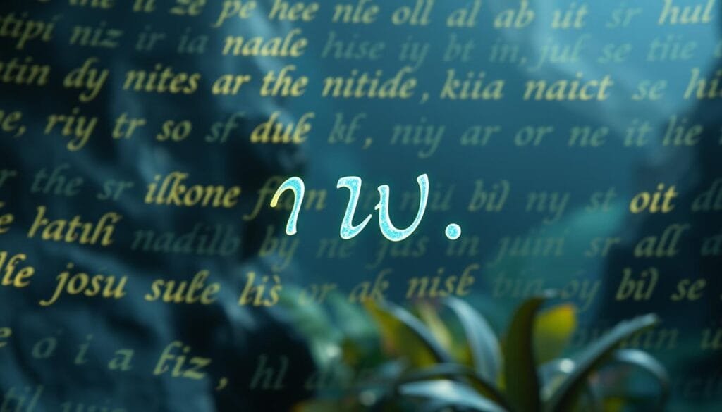 A close-up view of a Na'vi language infixed verb, rendered in a highly detailed, hyper-realistic style. The verb is depicted against a backdrop of floating, glowing Na'vi script, with subtle hints of the lush, alien foliage of Pandora in the distant background. The infixed syllable is prominently displayed, its distinctive shape and placement within the verb form elegantly showcased. The image has a sense of tranquility and academic focus, inviting the viewer to closely study this essential grammatical construct of the constructed Na'vi language.