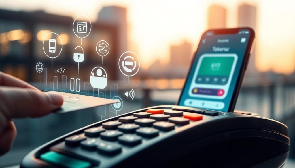 A close-up view of a digital payment terminal displaying a tokenization process. The foreground features a credit card being inserted into the reader, with holographic icons and data visualizations floating above, representing the secure tokenization of the card information. The middle ground shows a mobile device displaying a digital wallet interface, seamlessly integrated with the payment system. In the background, a blurred cityscape suggests the real-world context of the transaction, conveying a sense of modern, frictionless financial experiences. The lighting is soft and warm, creating a clean, futuristic atmosphere that emphasizes the seamless and secure nature of tokenized payments.