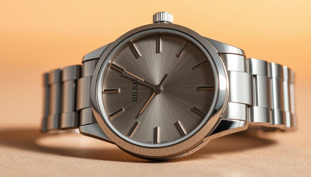 A close-up view of a high-quality stainless steel wristwatch with a sleek, circular dial and a polished, reflective surface. The watch features a classic, minimalist design with a subtly textured face, thin baton hands, and a simple, uncluttered appearance. The watch is positioned against a soft, neutral background that allows the timepiece to take center stage, highlighting its timeless elegance and attention to detail. Warm, directional lighting casts subtle shadows and highlights the watch's intricate construction, while a shallow depth of field draws the viewer's focus to the stunning craftsmanship of this iconic horological piece.