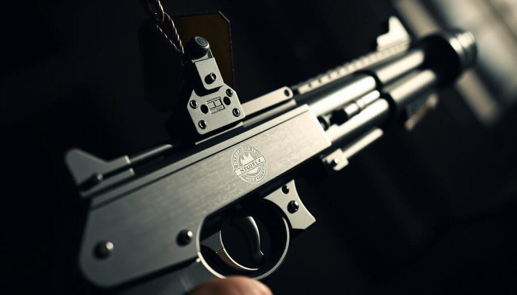 A close-up view of a highly detailed, officially licensed replica of the iconic Batman grappling hook gun from The Noble Collection. The gun is meticulously crafted, with a sleek, metallic finish and intricate mechanical components visible. The camera focuses tightly on the weapon, emphasizing its sturdy construction and functional design. Dramatic lighting casts dramatic shadows, creating a moody, cinematic atmosphere that evokes the dark, gritty world of early Batman comics. The background is slightly blurred, keeping the spotlight solely on the imposing firearm.
