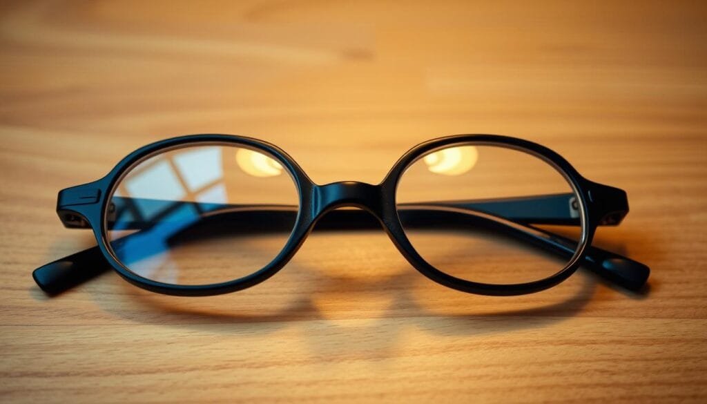 A close-up view of a pair of distinctive black-framed glasses, resting on a wooden surface. The lenses have a slight tint, casting a warm, retro-inspired glow. The frame's clean, angular design evokes a sense of sophistication and creativity. Soft, directional lighting accentuates the subtle reflections on the lens surface, creating a sense of depth and dimension. The overall composition is minimalist and centered, allowing the glasses to be the primary focus, hinting at the creative vision behind the Minions' evolution.