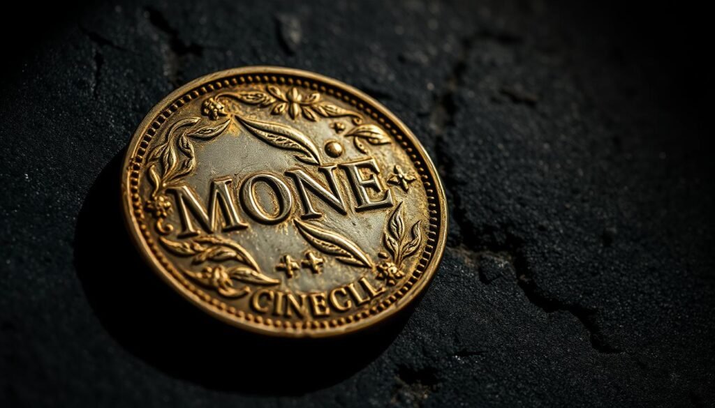A close-up view of a realistic-looking "moneda" or coin, with a worn and aged appearance, casting intricate shadows on a dark, textured surface. The coin has a slightly tarnished, metallic sheen, with intricate patterns and details visible on its surface. The lighting is dramatic, creating a sense of depth and dimension, emphasizing the tactile nature of the coin. The overall composition suggests the weight and significance of this small but powerful object, reflecting its potential impact on the economy and security, as described in the article's section title.