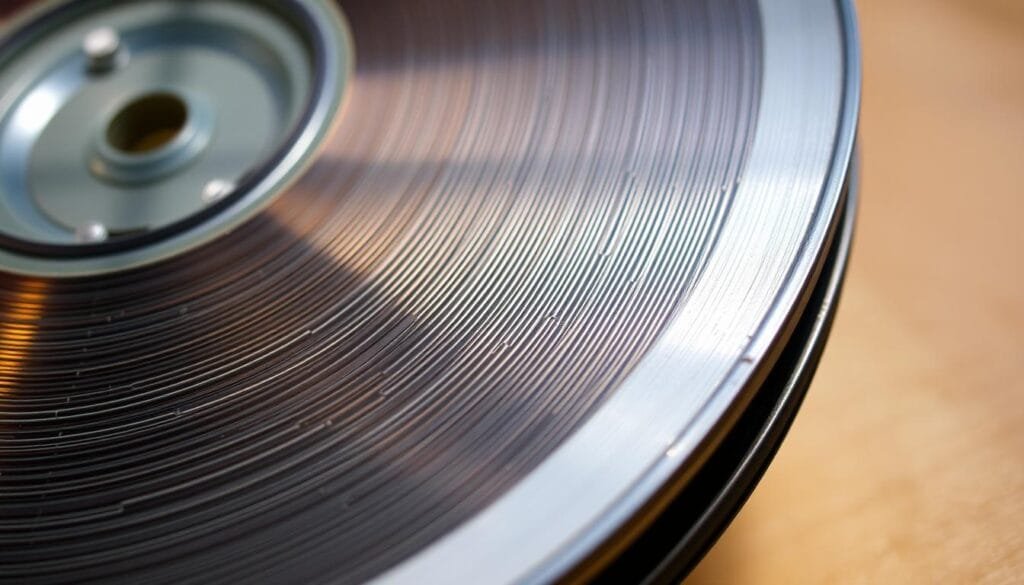 A close-up view of a vintage magnetic tape reel, its intricate pattern of parallel lines and metallic sheen capturing the essence of 1950s-1970s era magnetic storage technology. The tape is presented against a soft, warm-toned background, with subtle highlights that accentuate the tactile, analog nature of this pivotal component in the history of credit card data storage and processing. The lighting is natural and diffused, creating a sense of timelessness and nostalgia, inviting the viewer to reflect on the humble beginnings of the credit card revolution.