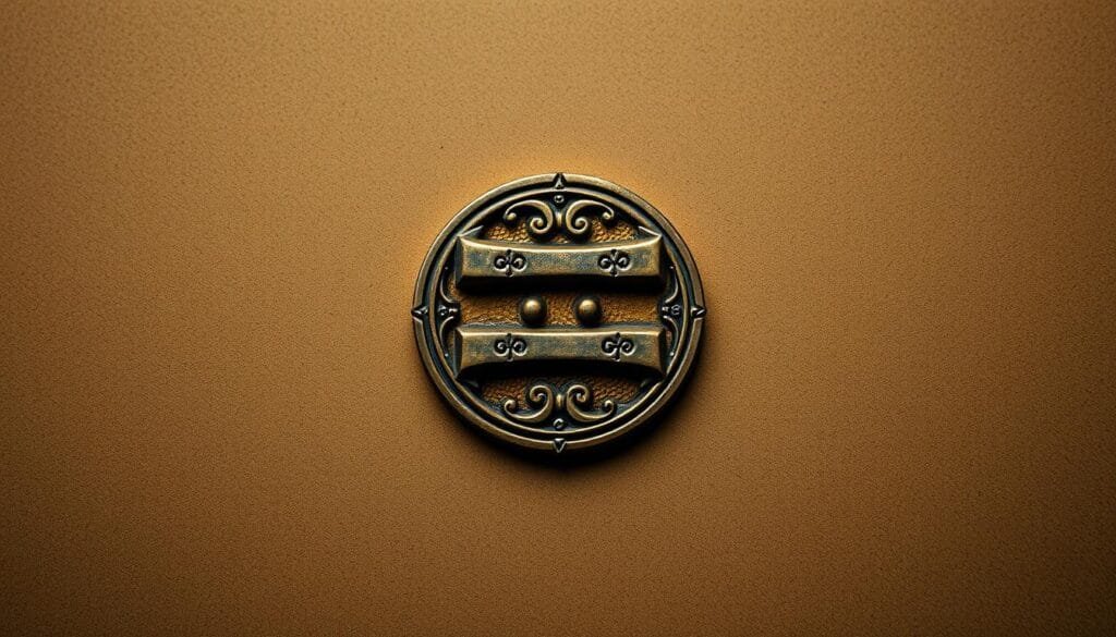A close-up view of an ancient and ornate symbol, resembling the letter "S" with two parallel horizontal lines through it. The symbol is rendered in a metallic, golden finish, with intricate details and patterns etched into the surface. The background is a muted, earthy tone, creating a sense of timelessness and historical significance. The lighting is soft and directional, casting subtle shadows that highlight the three-dimensional nature of the emblem. The composition places the symbol centrally, allowing it to command the viewer's attention and evoke a sense of the origins and significance of this iconic representation.