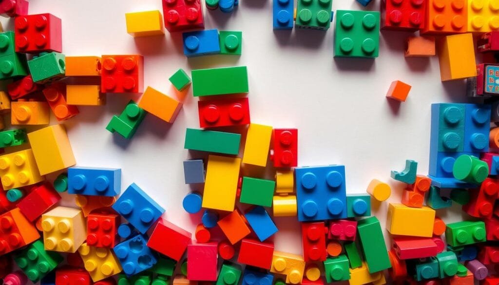 A close-up view of an assortment of colorful LEGO bricks in various shapes and sizes, arranged in an orderly grid pattern against a plain white background, illuminated by soft, diffused lighting that highlights the smooth, uniform texture and vibrant hues of the bricks. The image conveys a sense of simplicity, precision, and the iconic design that has defined the LEGO system since its inception in 1958, emphasizing the timeless appeal and enduring legacy of this beloved toy.