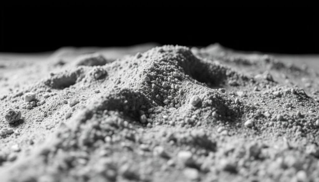 A close-up view of lunar regolith, the fine-grained, powdery soil covering the surface of the Moon. The regolith appears soft and delicate, with a grayish-white hue and a slightly metallic sheen, capturing the unique texture and essence of the Moon's surface. The lighting is soft and diffuse, creating a sense of depth and dimensionality, while the camera angle emphasizes the granular, almost tactile nature of the lunar dust. The background is a deep, inky blackness, reminiscent of the vast emptiness of space, further highlighting the alien and otherworldly nature of the lunar environment.