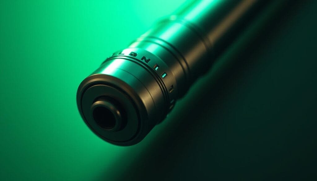 A close-up view of the iconic "sable verde" lightsaber hilt from the Star Wars universe. The elegant, minimalist design features a sleek, metallic finish with a subtle, jade-like hue. The cylindrical form casts a soft, ambient glow, illuminating the surrounding environment with a warm, verdant radiance. Intricate details, such as the emitter and activation stud, are visible, showcasing the craftsmanship and precision of this legendary weapon. The image is captured in a dramatic, cinematic lighting setup, emphasizing the lightsaber's power and significance within the Star Wars mythos.
