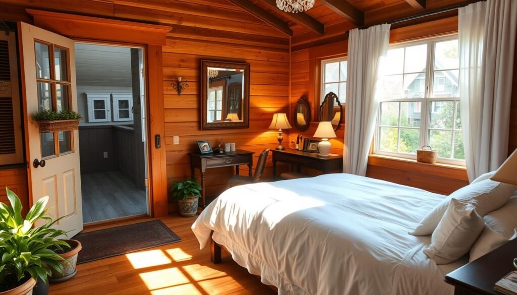 A cozy and inviting bed and breakfast nestled in a charming neighborhood. The exterior features a warm, weathered wooden facade with a quaint porch and potted plants. Through the front door, a bright and airy interior greets the eye, with a plush king-sized bed draped in crisp, white linens and fluffy pillows. Sunlight streams in through large windows, casting a soft glow on the wooden floors and antique furniture. A small desk in the corner holds a vintage lamp, inviting guests to curl up with a book. The bathroom is stocked with plush towels and high-end toiletries, creating an oasis of relaxation. The overall atmosphere conveys a sense of comfort, charm, and the perfect escape from the hustle and bustle of the city.