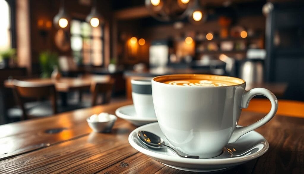 A cozy cafe scene with a steaming cup of factor latte, representing the daily indulgence that can impact personal finances. In the foreground, an elegant white ceramic mug filled with rich, creamy espresso-based drink, garnished with a delicate latte art design. The middle ground showcases a wooden cafe table, perhaps distressed or rustic, with a simple place setting - a saucer, a spoon, and a small dish of sugar cubes. In the background, a blurred yet warm and inviting cafe interior, with soft lighting from vintage-style pendant lamps creating a comforting ambiance. The overall mood is one of casual sophistication, hinting at the "latte factor" concept and its significance in personal budgeting.