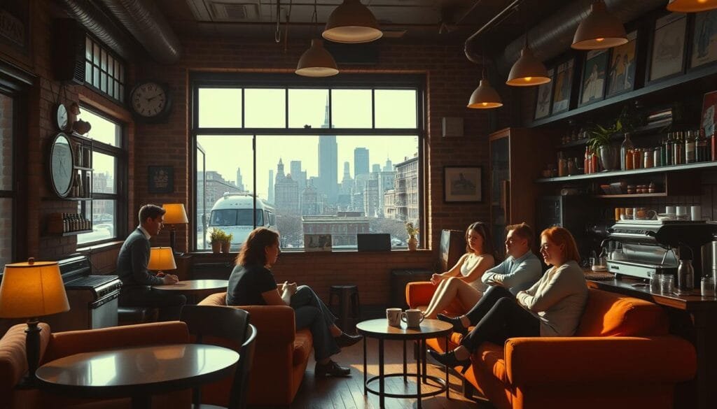 A cozy, dimly-lit café in the heart of New York City. The iconic Central Perk, with its overstuffed armchairs, exposed brick walls, and wooden floors. A large central window overlooking the bustling city street, allowing natural light to filter in and create a warm, inviting atmosphere. The espresso machine hisses and the aroma of freshly brewed coffee fills the air. In the foreground, a group of friends gathered around the signature orange couch, engaged in lively conversation. Soft jazz music plays in the background, complementing the laid-back vibe. The middle ground features the counter and barista, serving up steaming mugs of coffee to the café's patrons. In the distance, the New York skyline is visible through the window, a reminder of the vibrant city that surrounds this beloved gathering place. A cozy, dimly-lit café in the heart of New York City. The iconic Central Perk, with its overstuffed armchairs, exposed brick walls, and wooden floors. A large central window overlooking the bustling city street, allowing natural light to filter in and create a warm, inviting atmosphere. The espresso machine hisses and the aroma of freshly brewed coffee fills the air. In the foreground, a group of friends gathered around the signature orange couch, engaged in lively conversation. Soft jazz music plays in the background, complementing the laid-back vibe. The middle ground features the counter and barista, serving up steaming mugs of coffee to the café's patrons. In the distance, the New York skyline is visible through the window, a reminder of the vibrant city that surrounds this beloved gathering place.