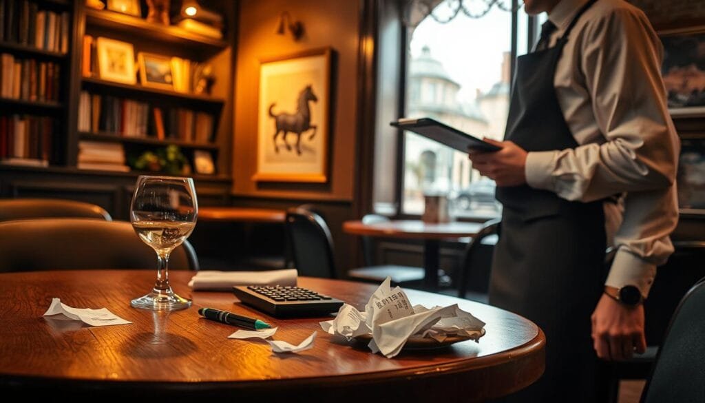 A cozy, dimly lit cafe interior with warm, soft lighting. In the foreground, a wooden table with a calculator, pen, and crumpled receipts, suggesting the calculation of a tip or gratuity. On the table, a glass of wine or coffee and a plate with the remnants of a meal. In the middle ground, a server in a crisp white shirt and black apron approaches the table, clipboard in hand. The background features shelves of books, framed artwork, and a view of a picturesque street outside through a large window, evoking a thoughtful, reflective atmosphere. The scene conveys the contemplation and decision-making process around tipping in a social dining experience.